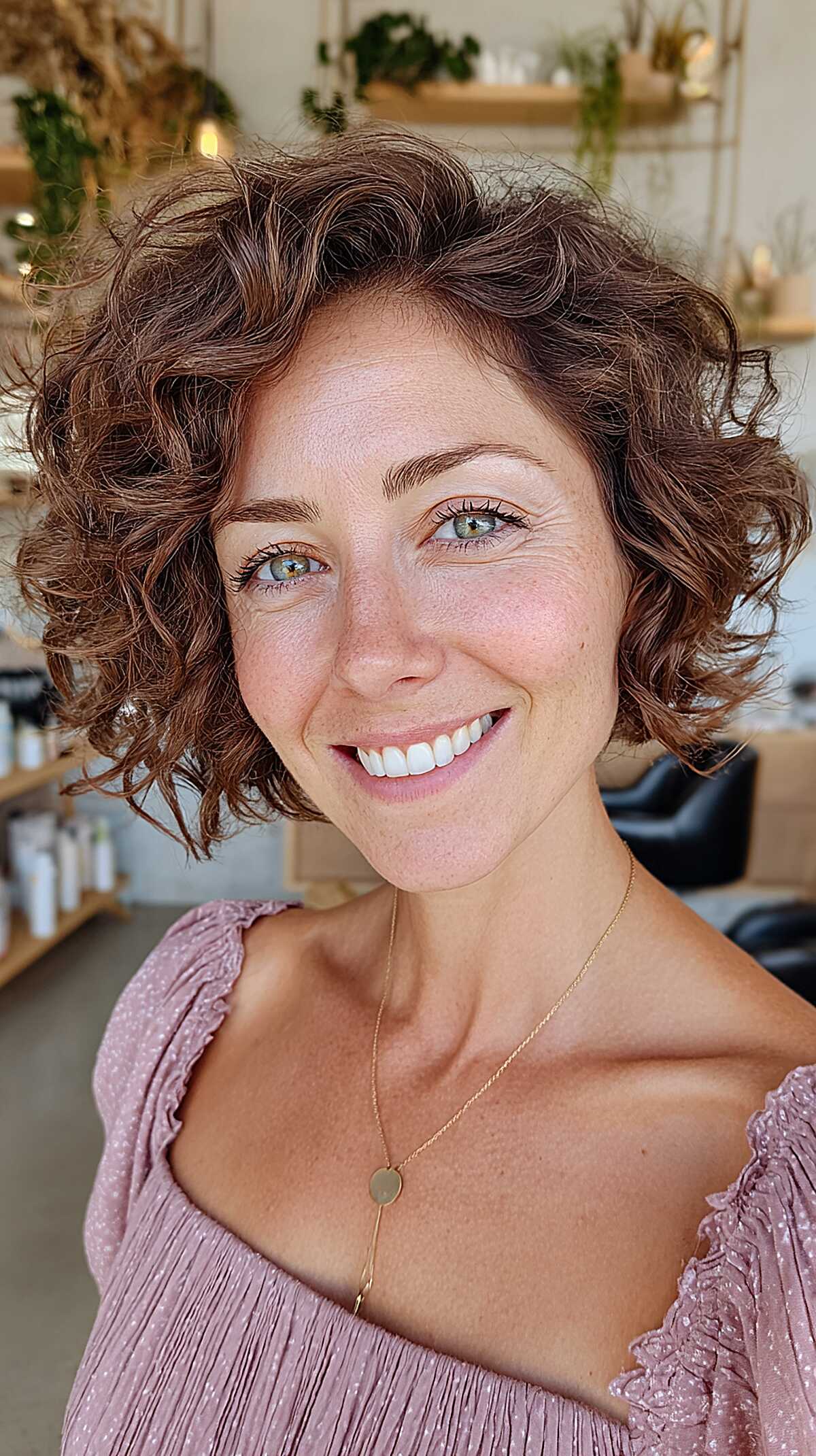 Cinnamon brown short curly bob with golden highlights