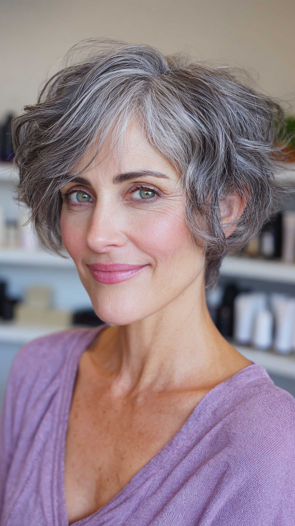 Short silver-gray wavy pixie with soft curtain bangs