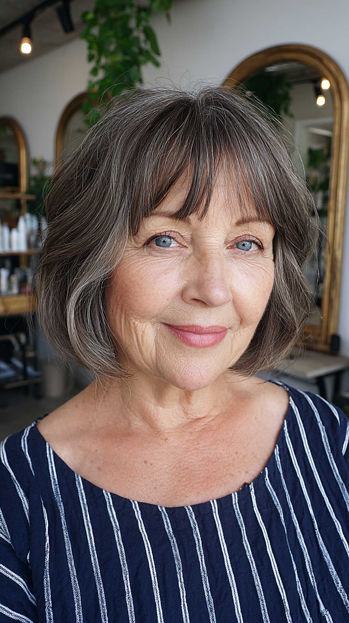 Gray and brown bob with full curtain fringe bangs
