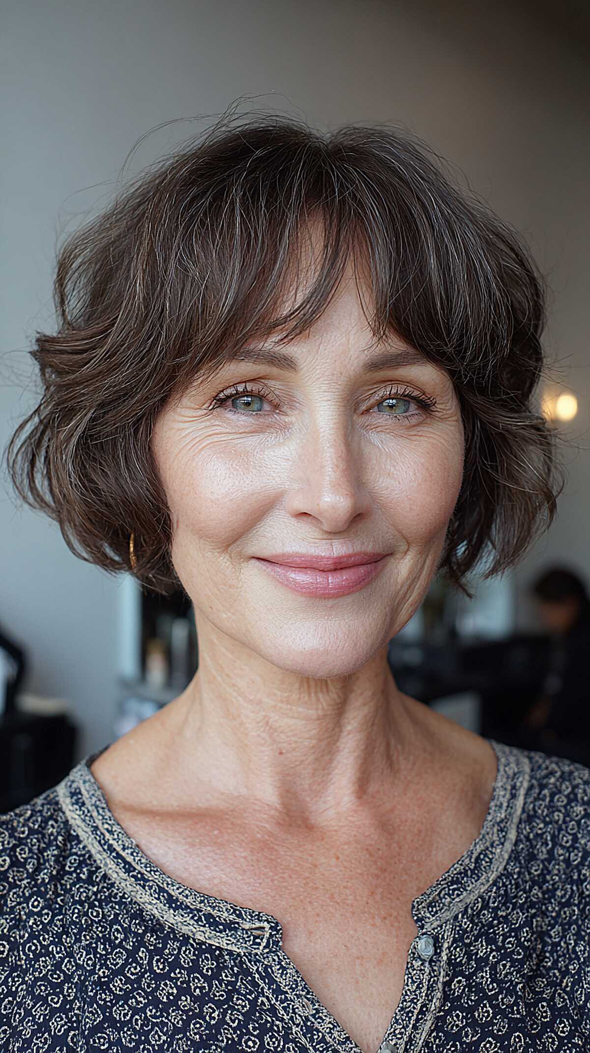 Soft wavy brown bob with short curtain bangs