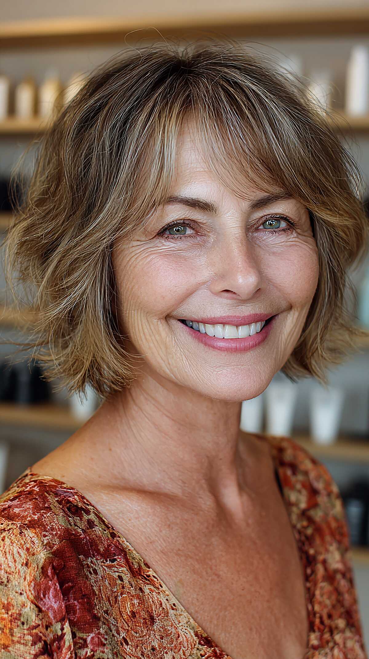 Warm highlighted shaggy bob with layered curtain bangs