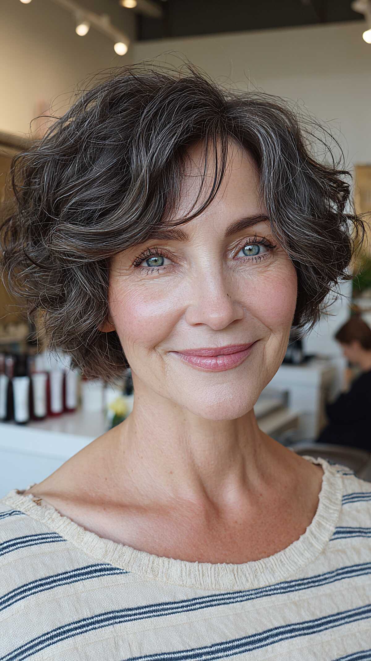 Tousled wavy dark bob with gray streaks and curtain bangs