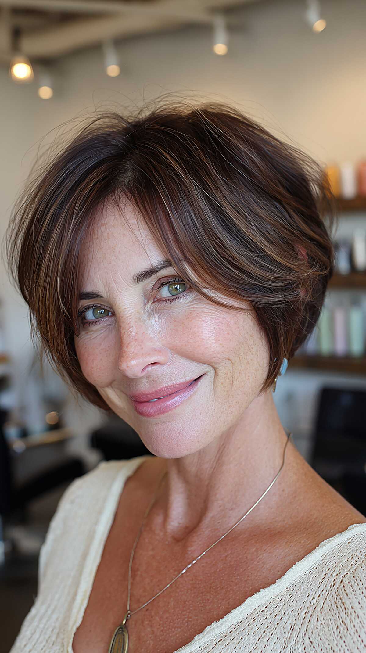 Short brunette pixie bob with side-swept curtain bangs
