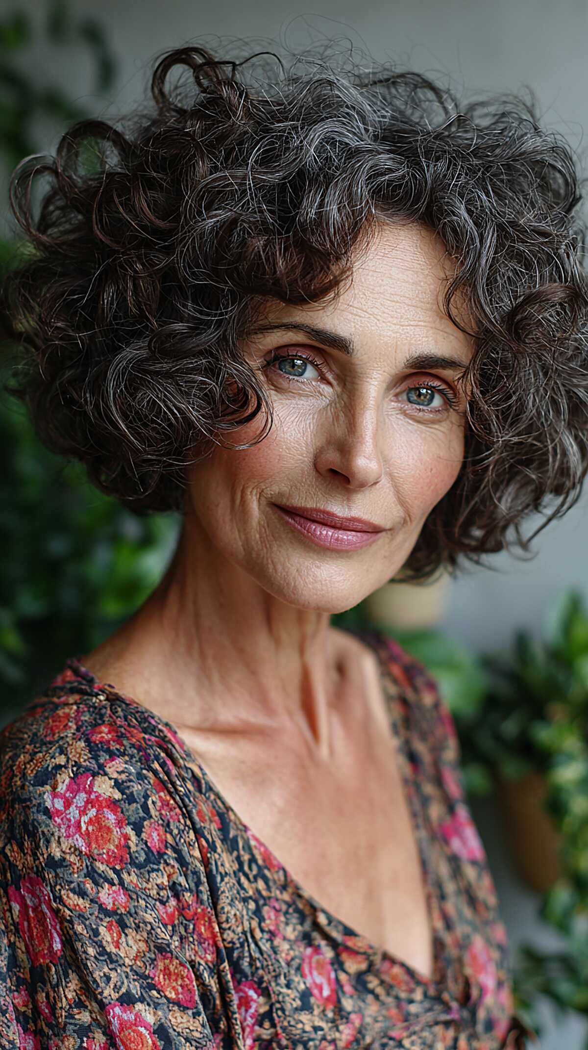 Short curly dark hair with curly curtain bangs