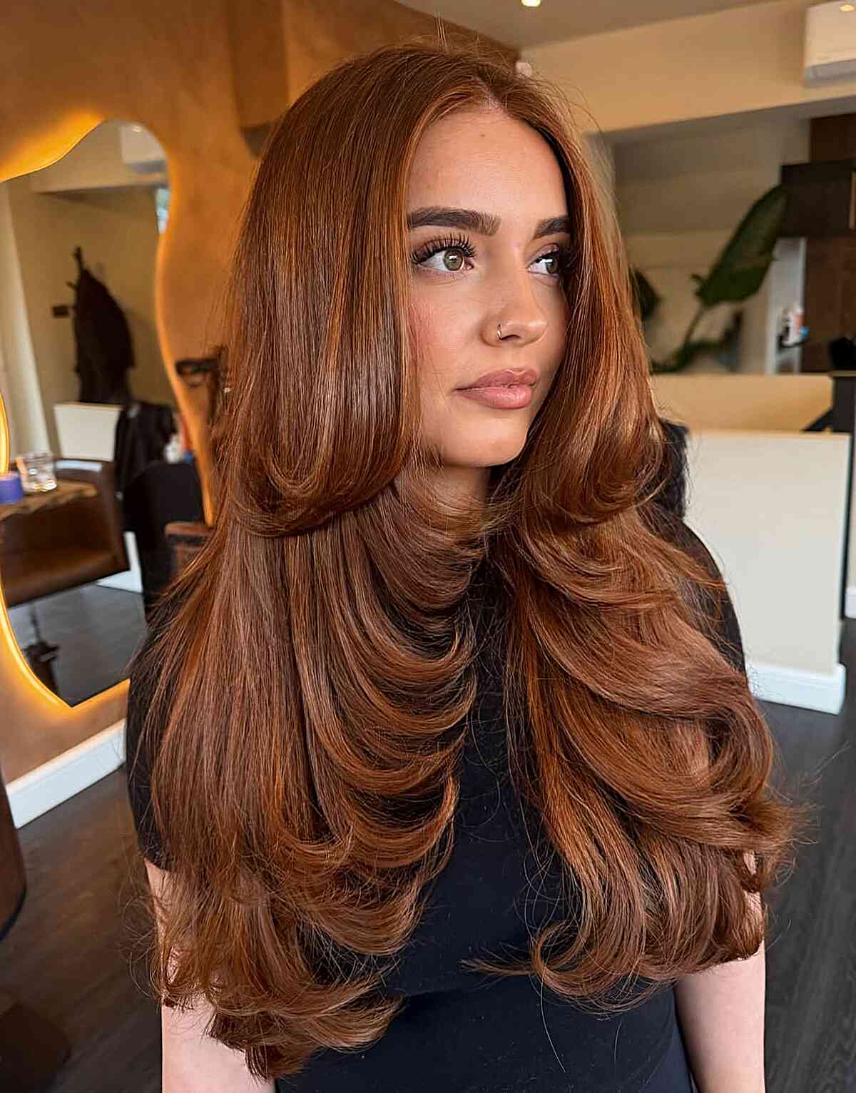 Long Layered Copper Hair with Volume