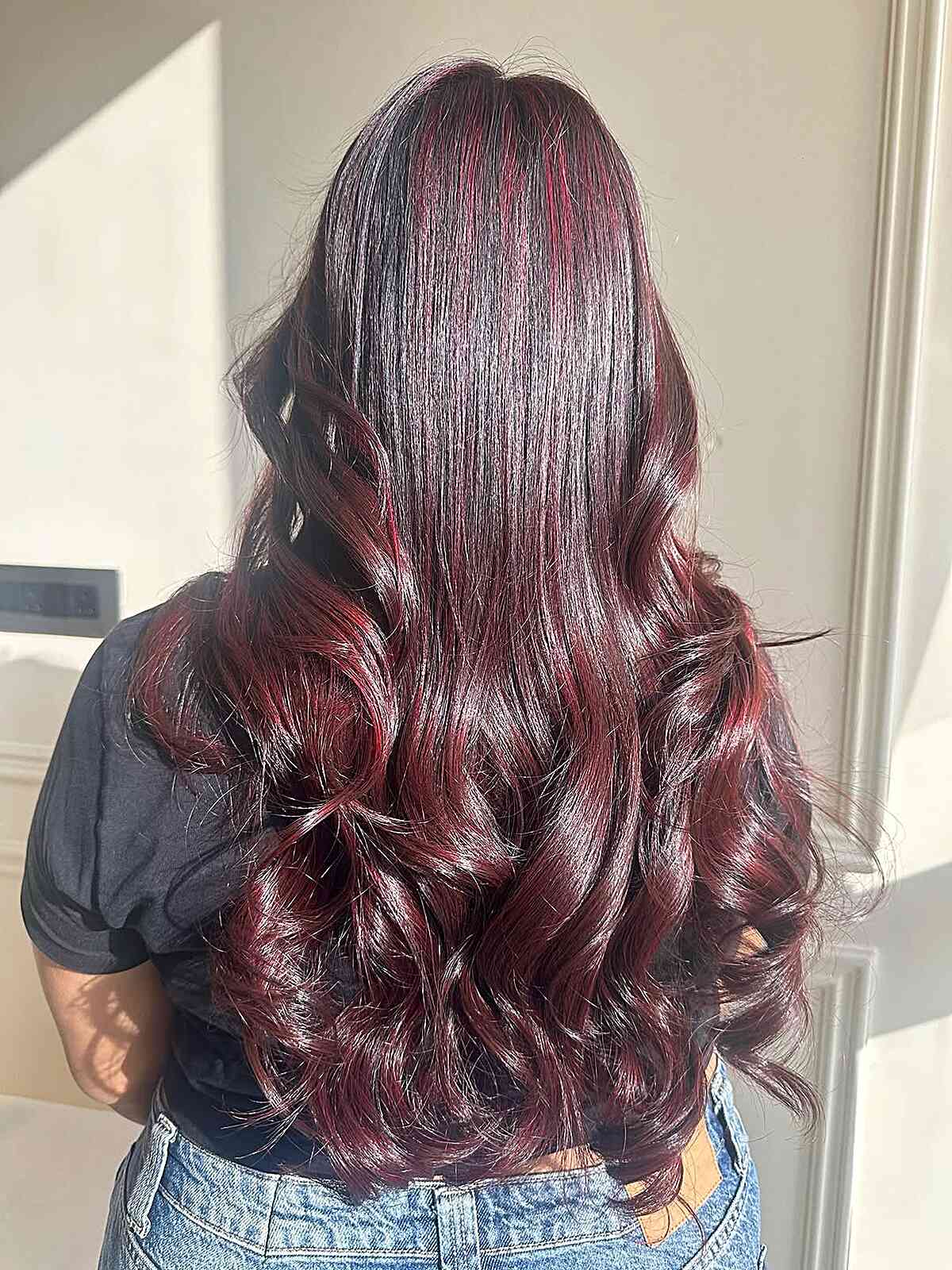 Burgundy Balayage with Luscious Waves