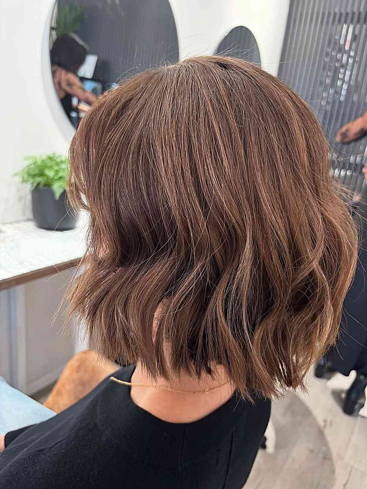 Textured Wavy Bob with Light Brown Highlights