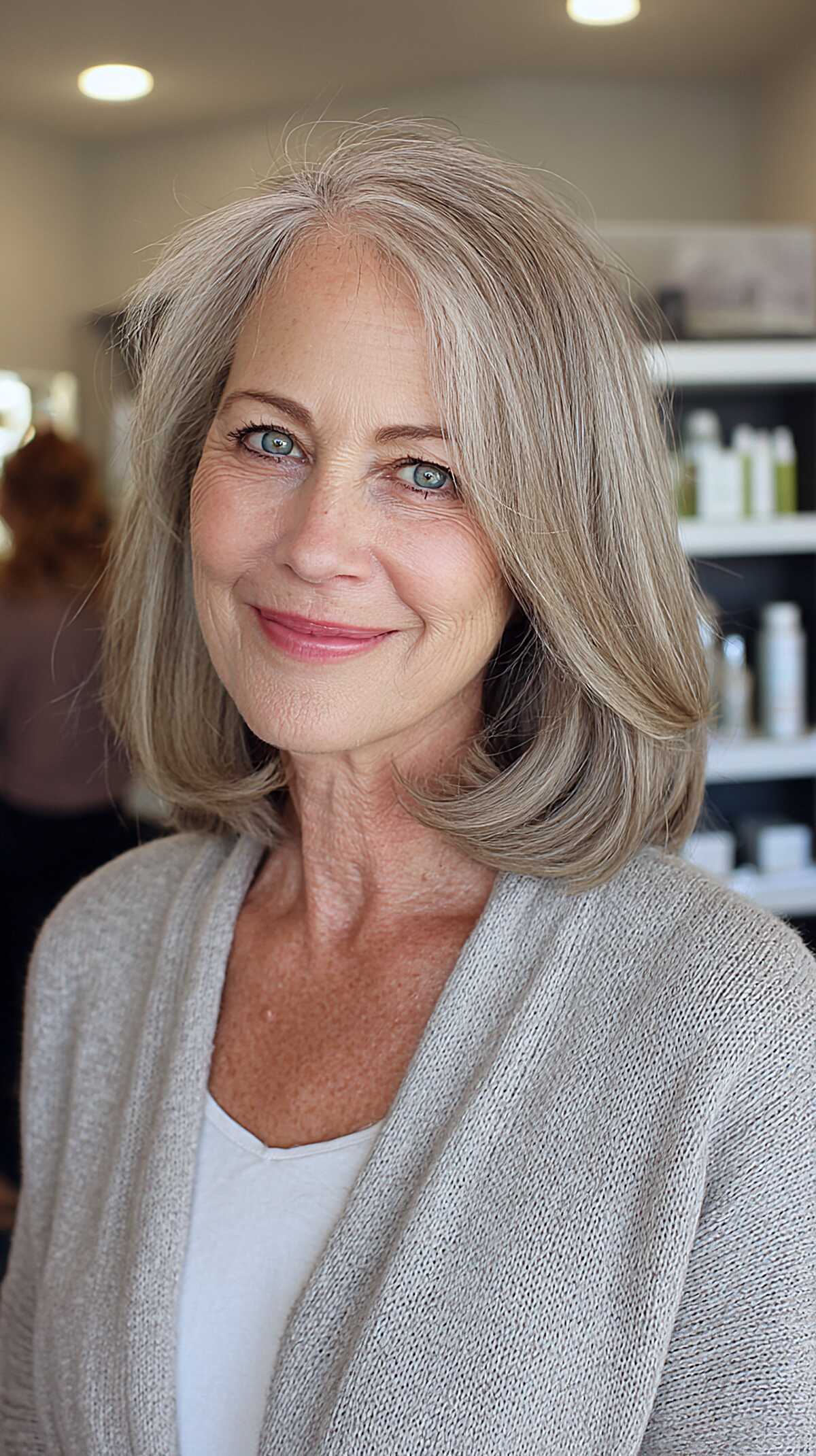 Ash blonde shoulder lob with flipped out ends