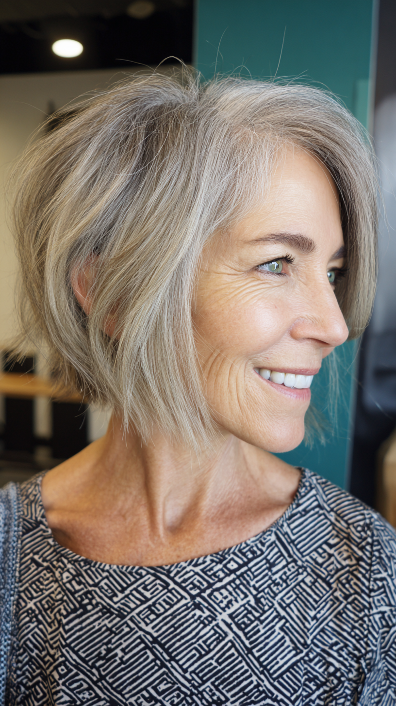 Ash blonde natural grow-out stacked bob with texture