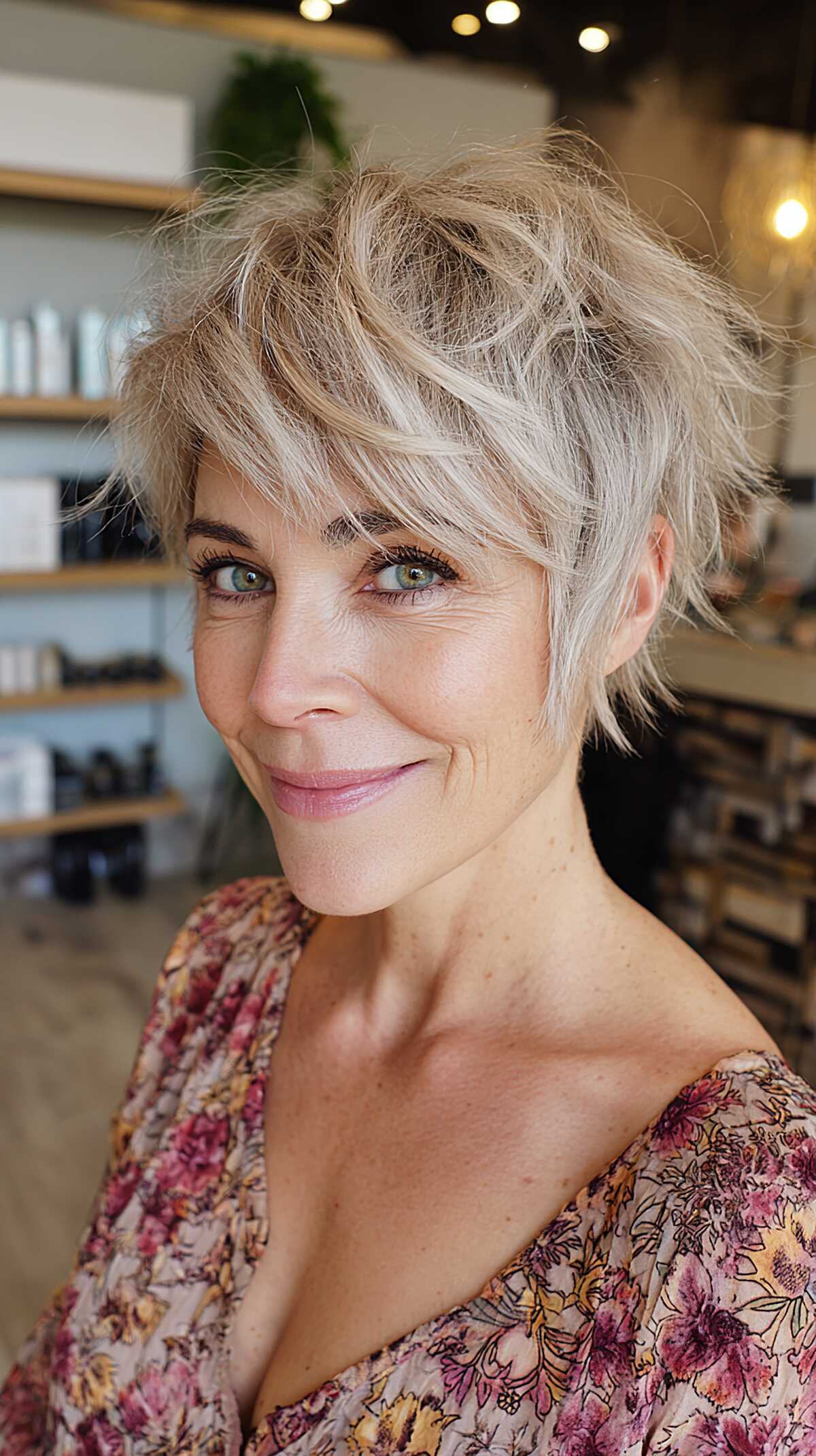 Ash platinum messy pixie shag with piece-y texture