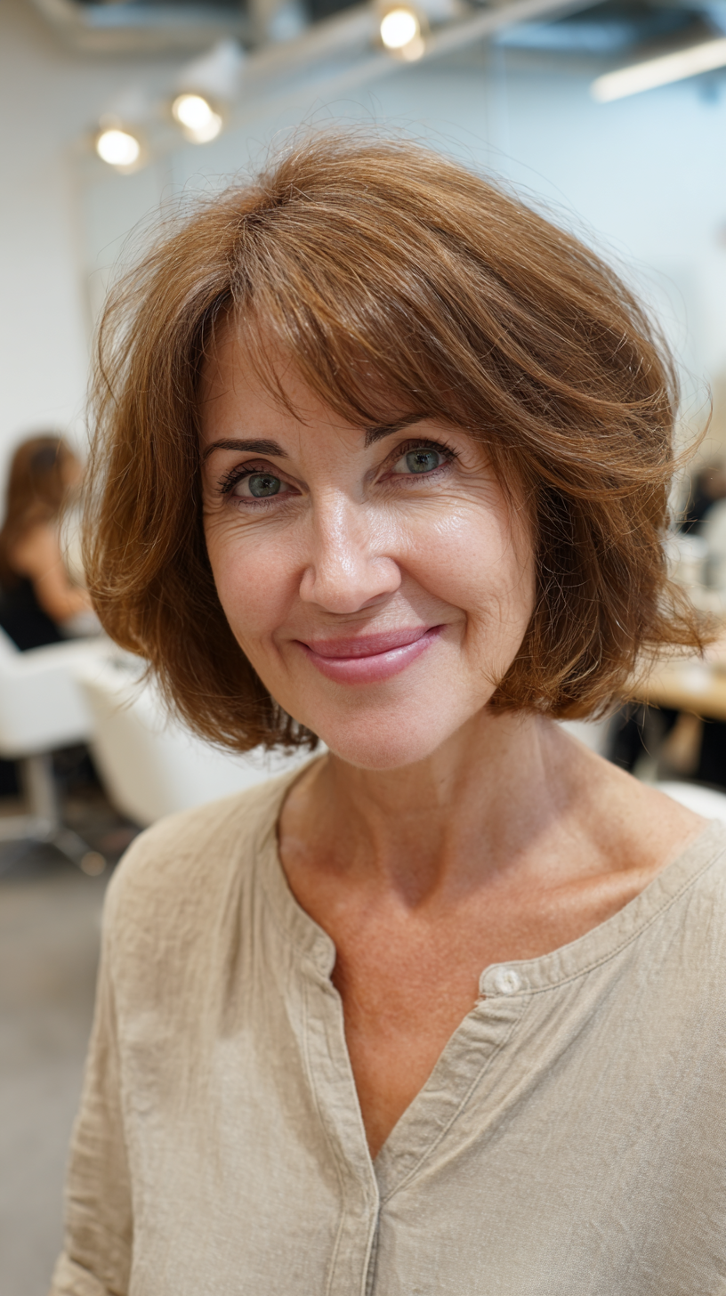Warm auburn chin-length bob with side-swept bangs
