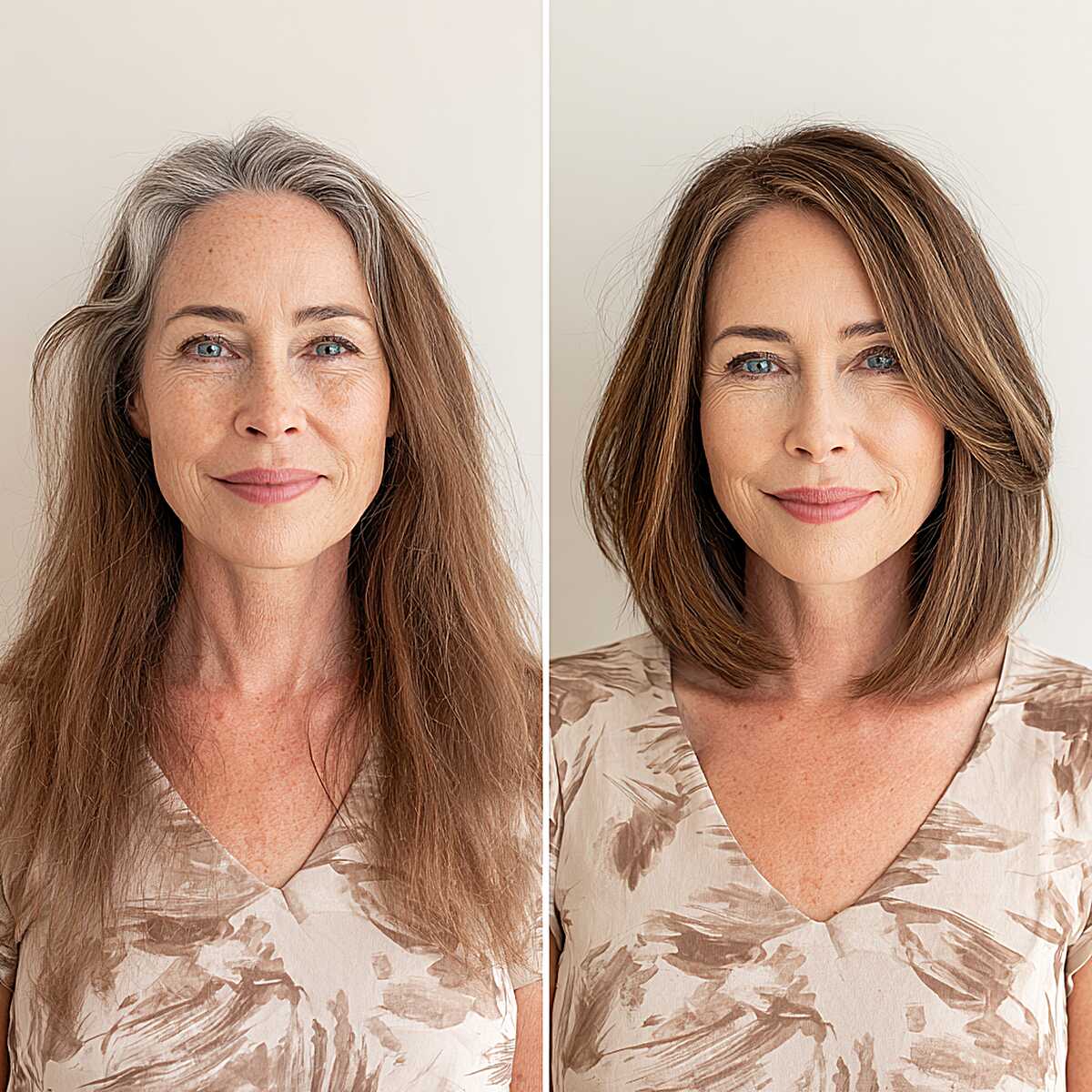 Before and after long to shoulder length bob transformation