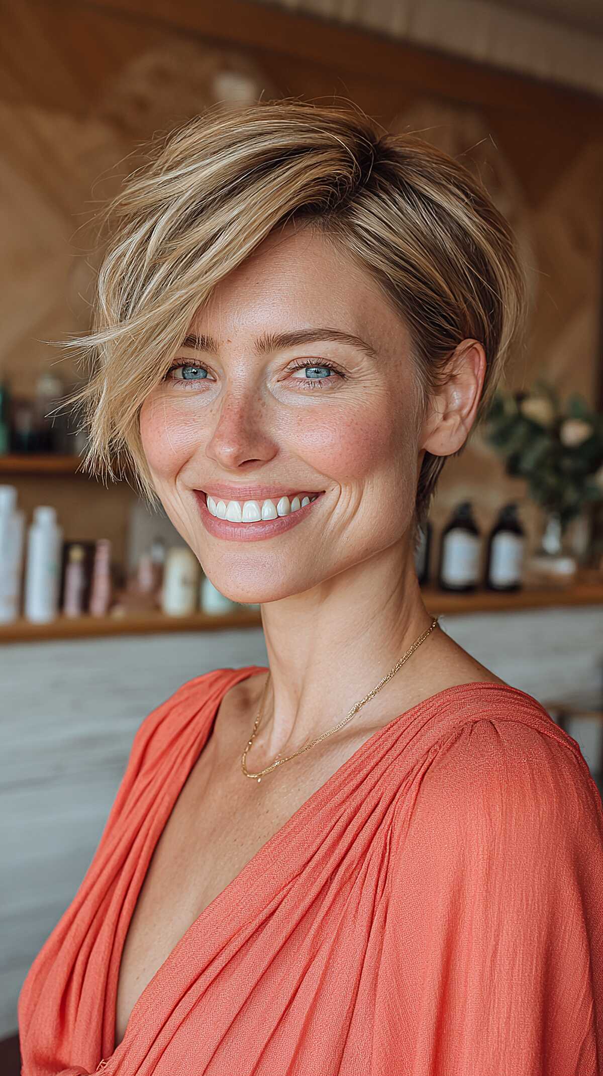 Short blonde pixie bob with side part and soft highlights