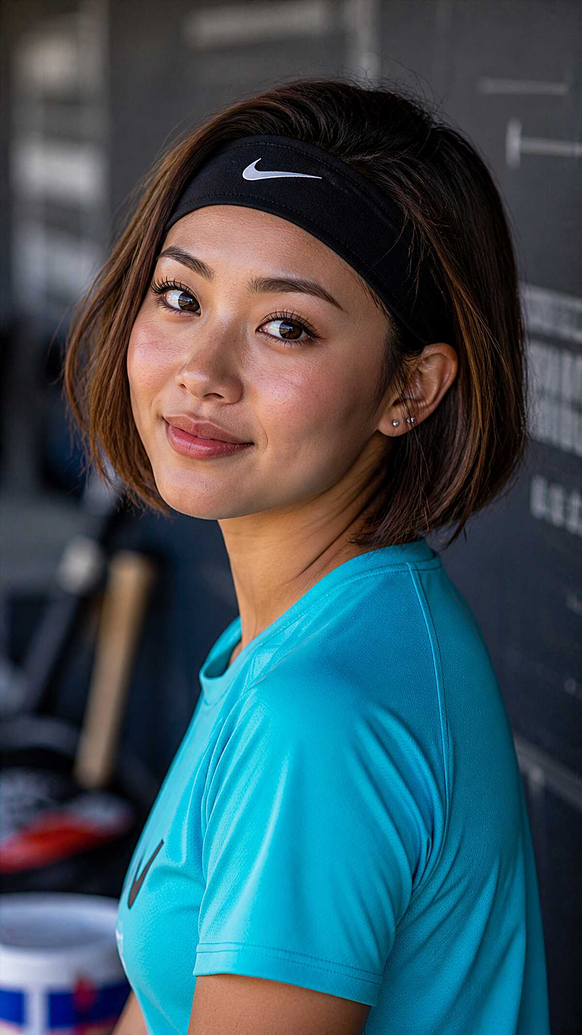 Chin-length brown bob with a black Nike headband