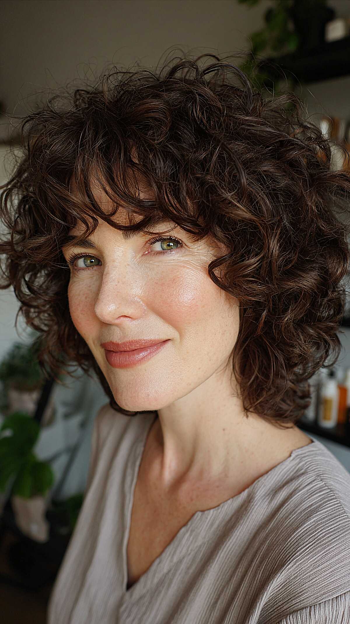 Short curly dark brunette shag bob with bangs