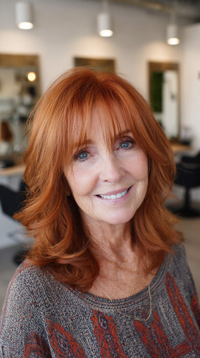 Bright copper red layered shag with full bangs