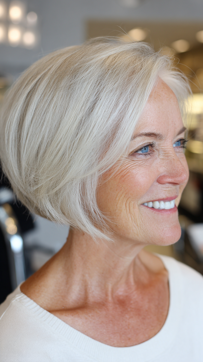 Bright white sculpted stacked bob with clean lines
