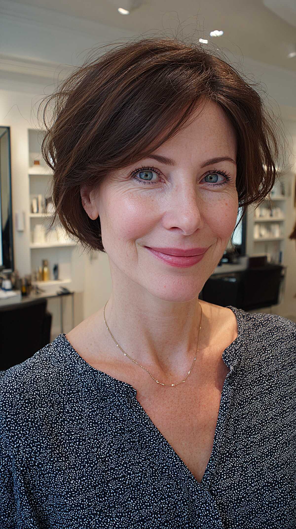 Brunette ear-length bob with wispy ends and soft side part