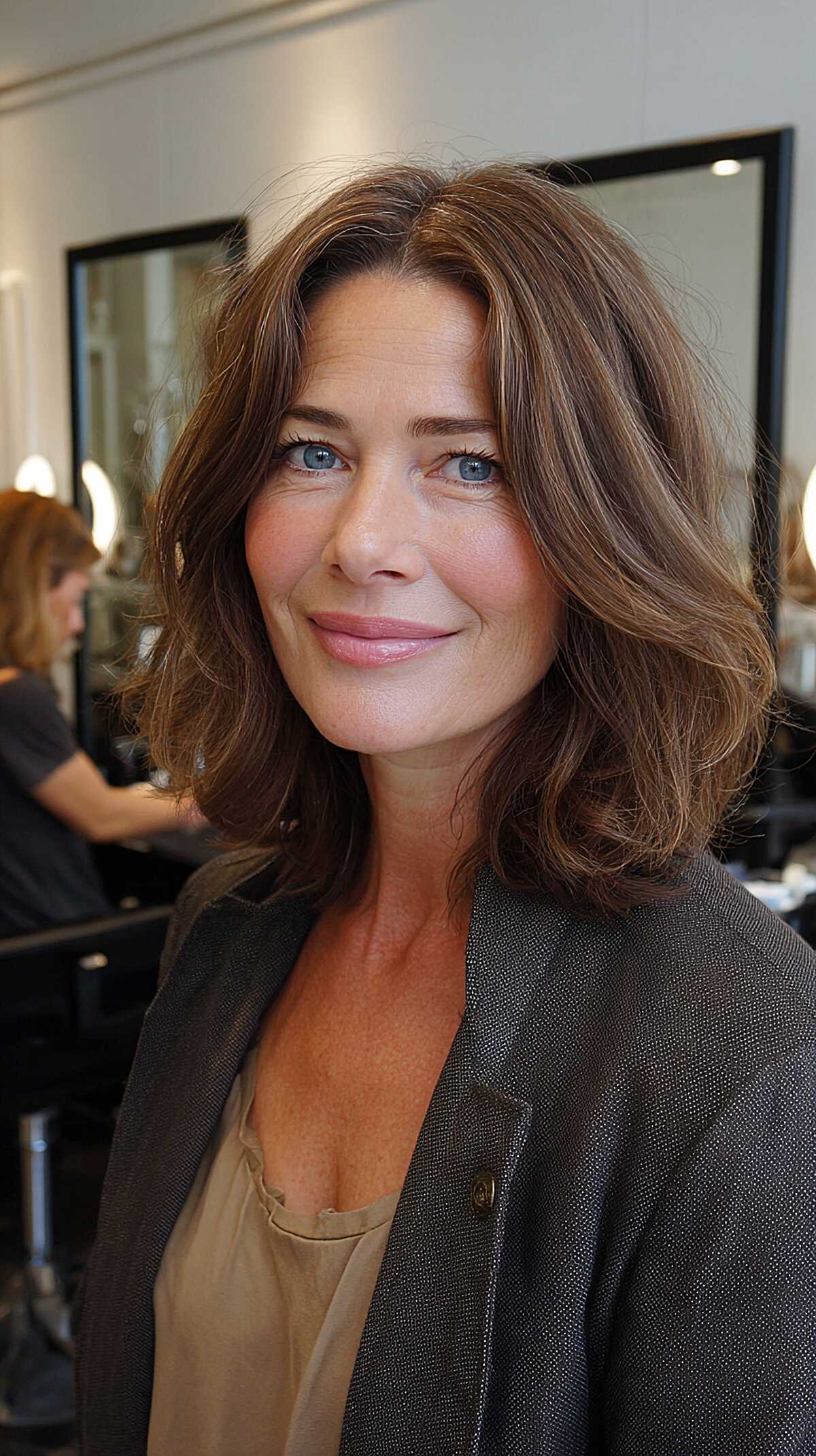 Brunette shoulder length loose waves with glossy shine