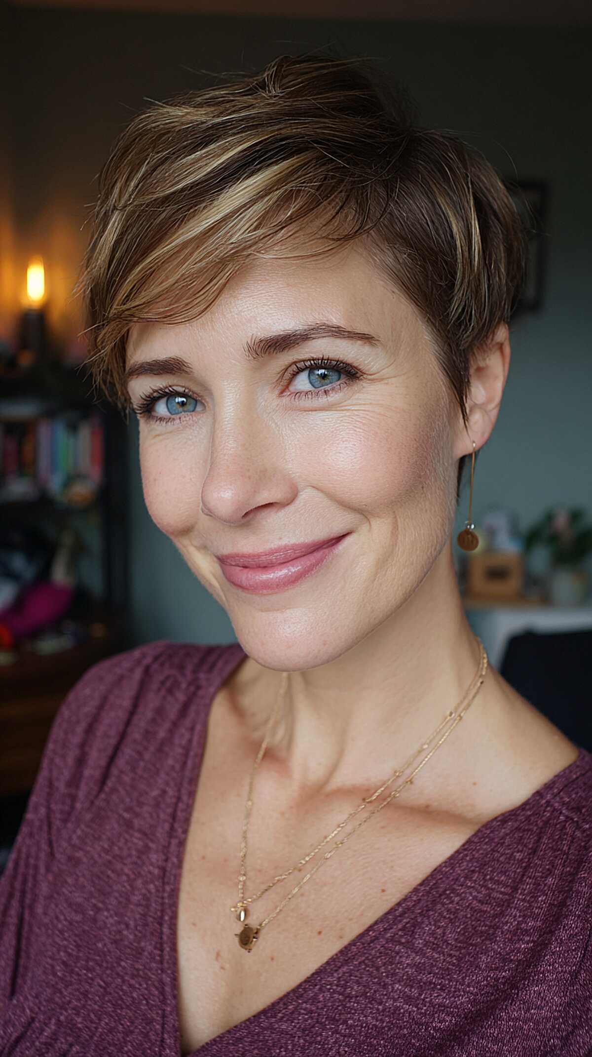 Short brunette pixie with golden highlighted side-swept fringe