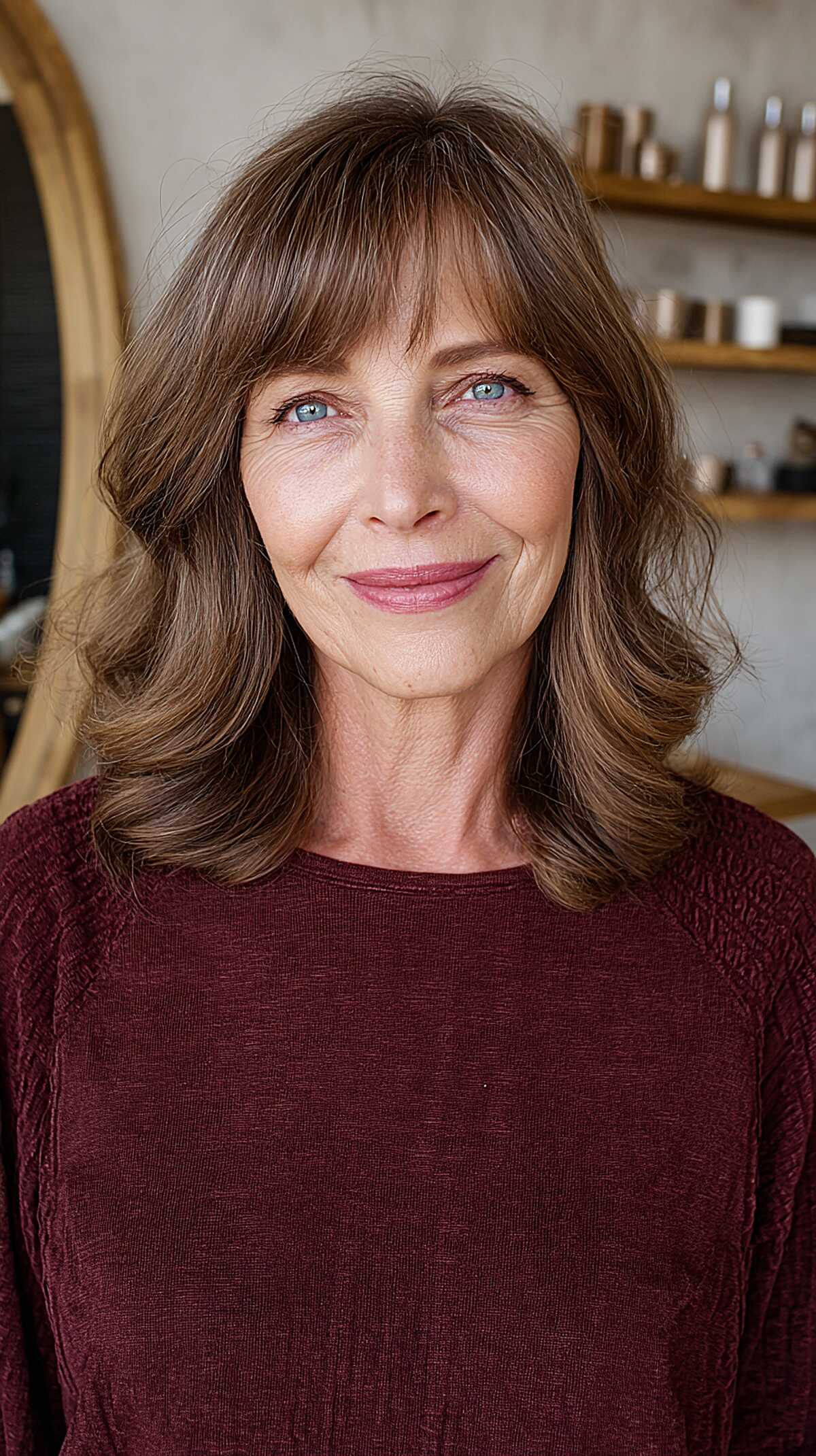 Brunette shoulder length waves with curtain bangs