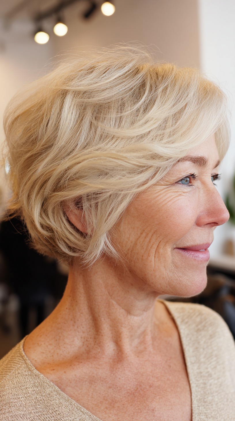Buttery blonde stacked bob swept back with soft waves