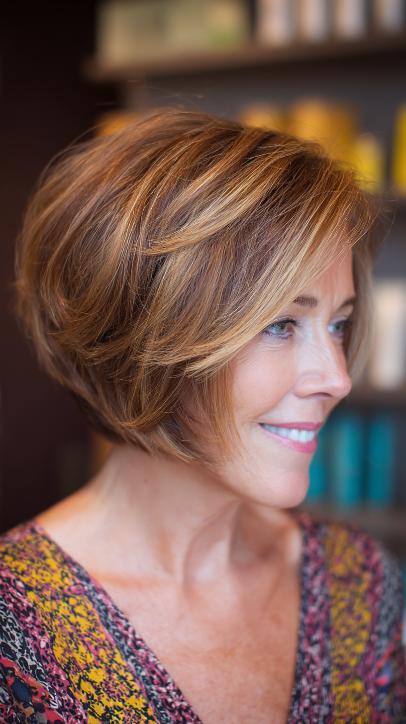 Caramel balayage bouncy stacked bob with warm tones