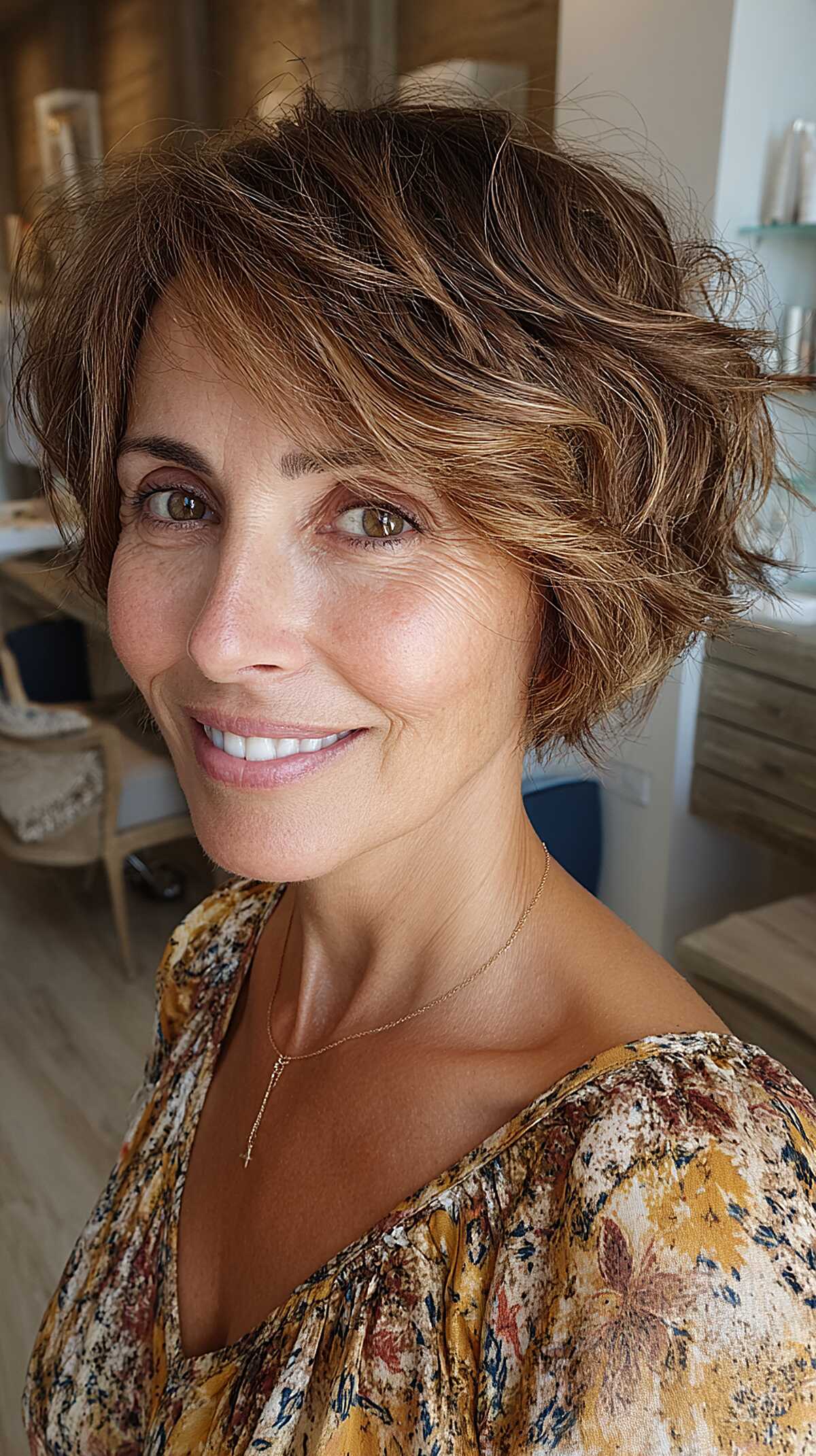 Short wavy crop with caramel highlights on brown hair