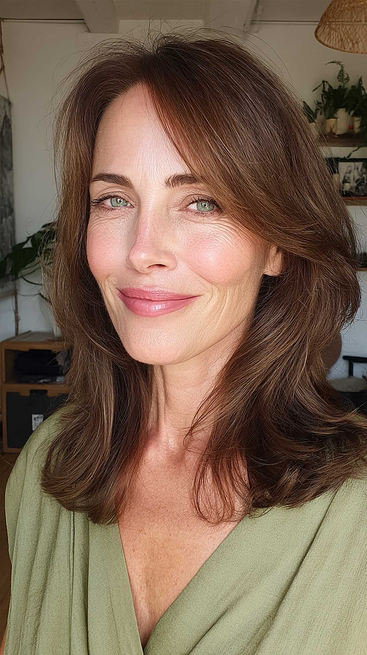 Chestnut brown layered shoulder cut with soft bounce