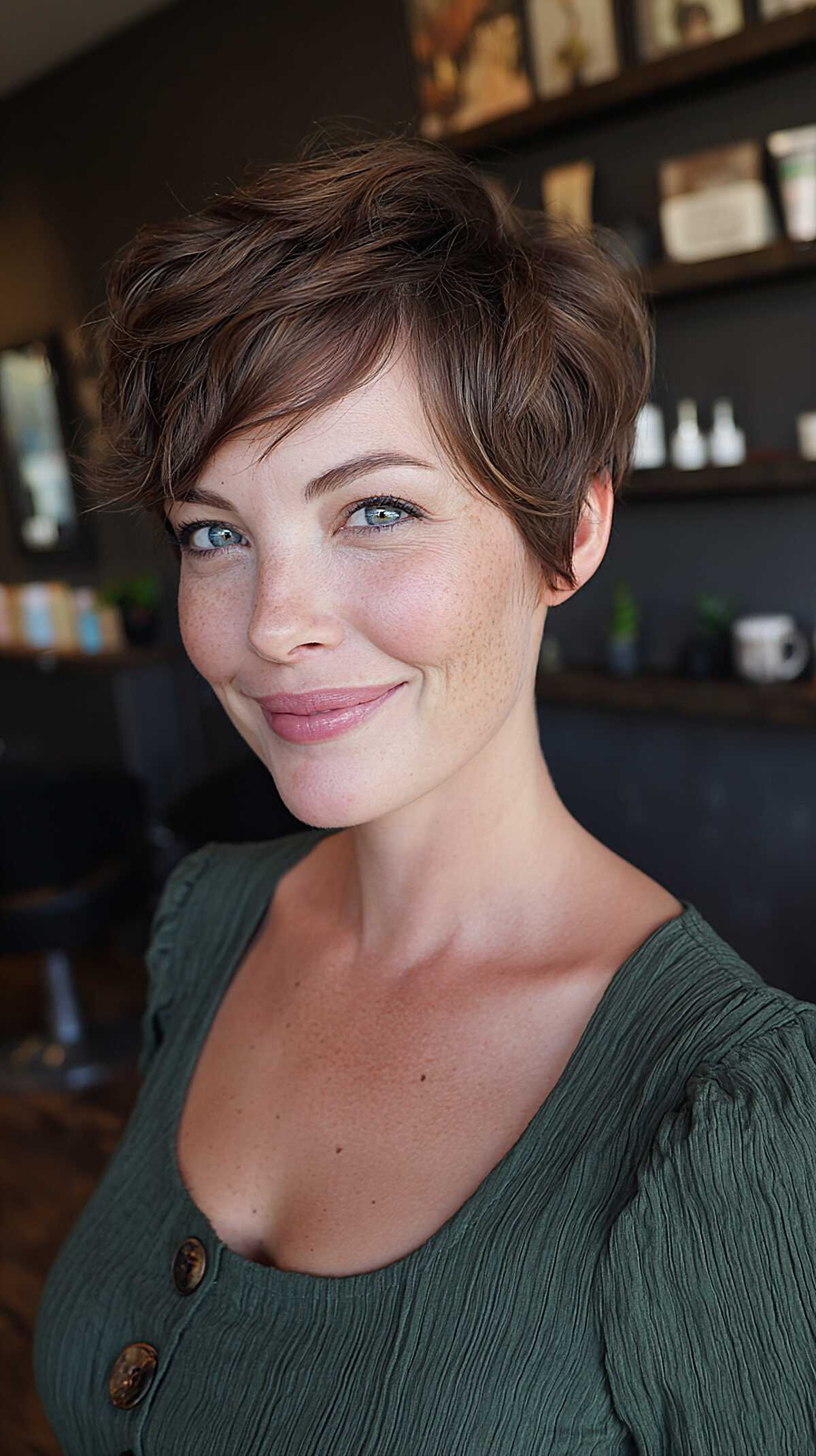 Chocolate brown wavy pixie cut with side-swept fringe