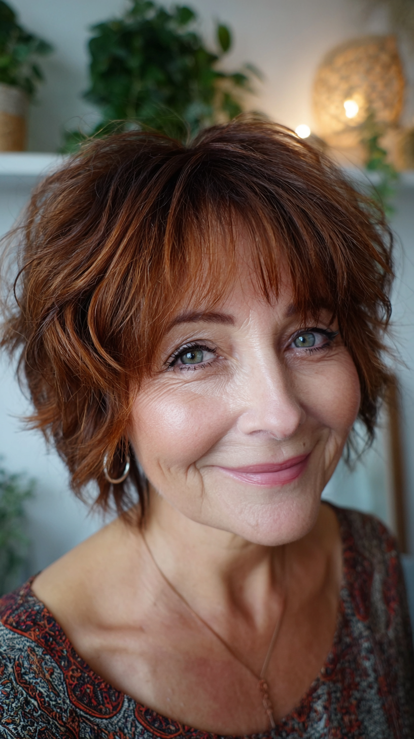 Short choppy auburn bob with piecey textured bangs