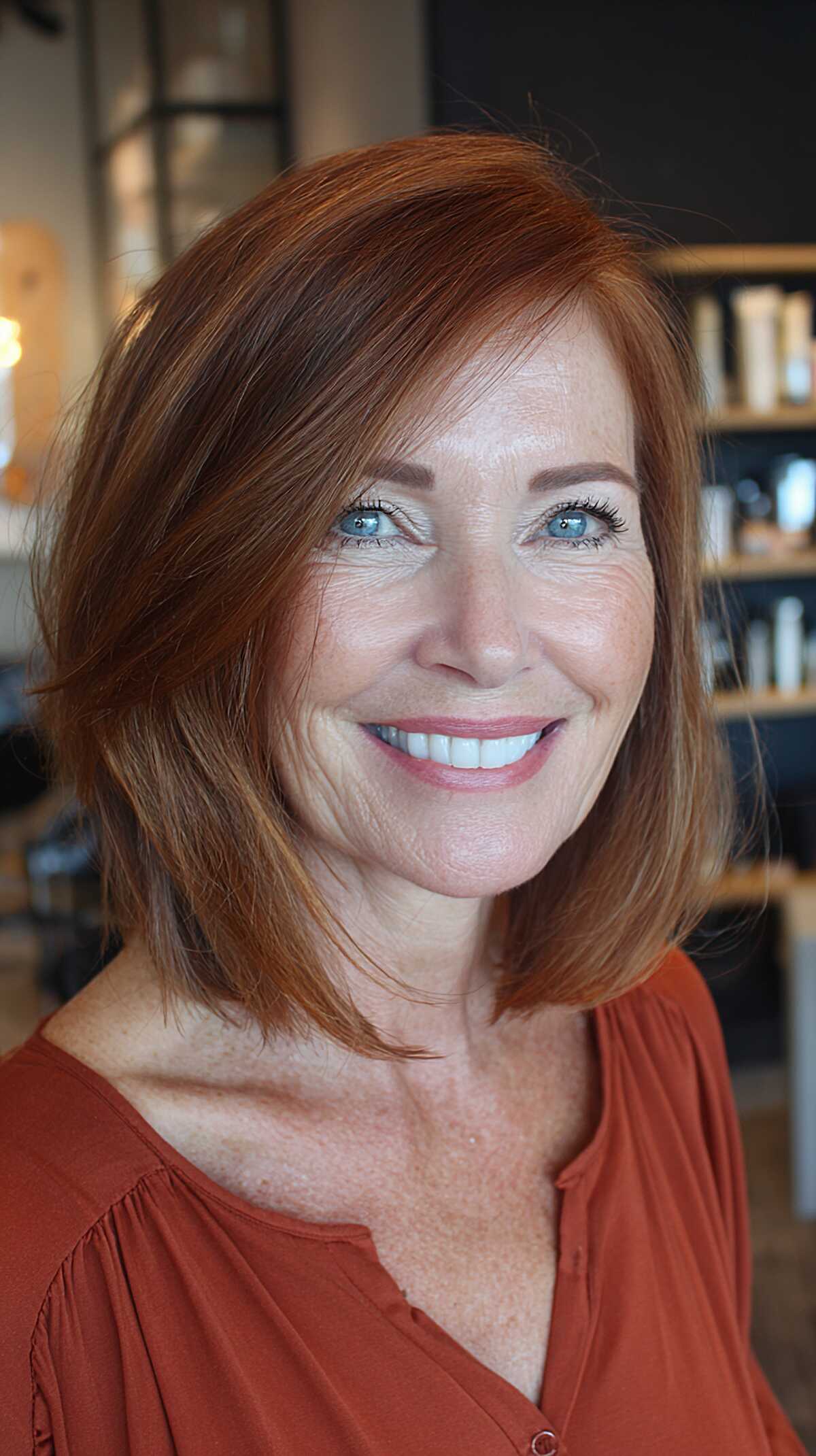 Cinnamon copper textured bob at shoulder length