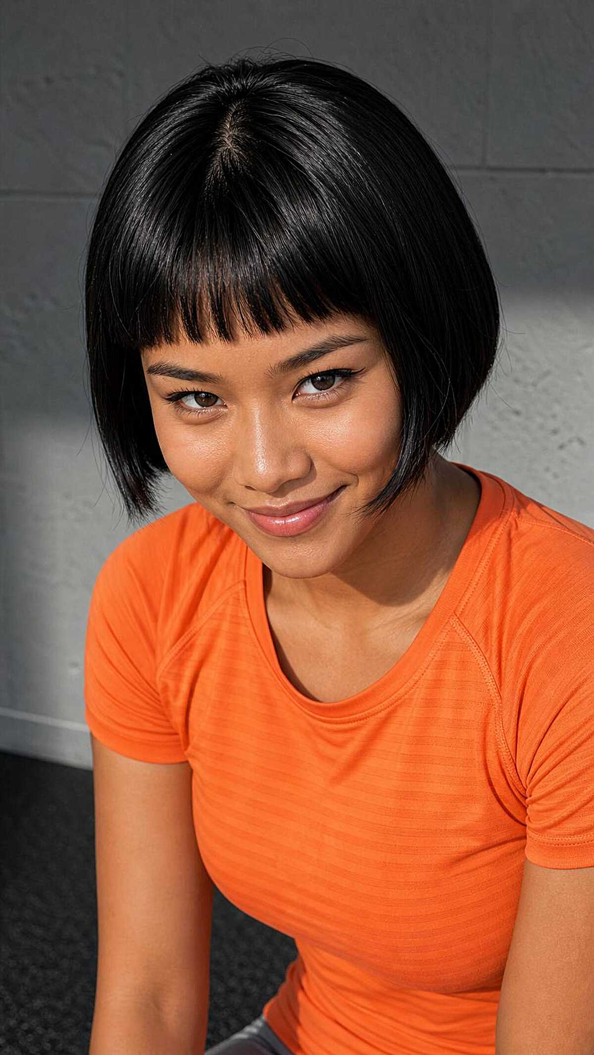 Jet black chin-length bob with short blunt bangs