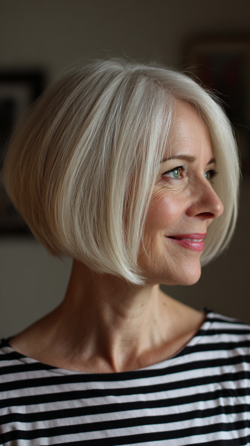 Classic blonde precision stacked bob with clean lines