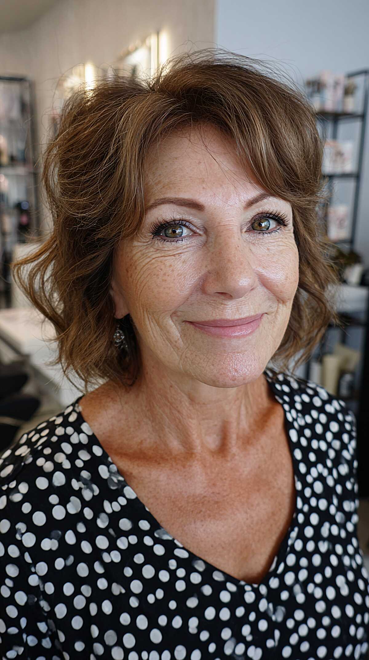 Classic soft brunette wavy shag with side part