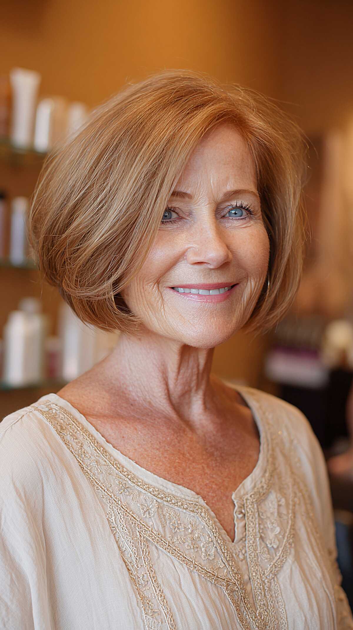 Rounded chin-length bob in copper blonde with side part