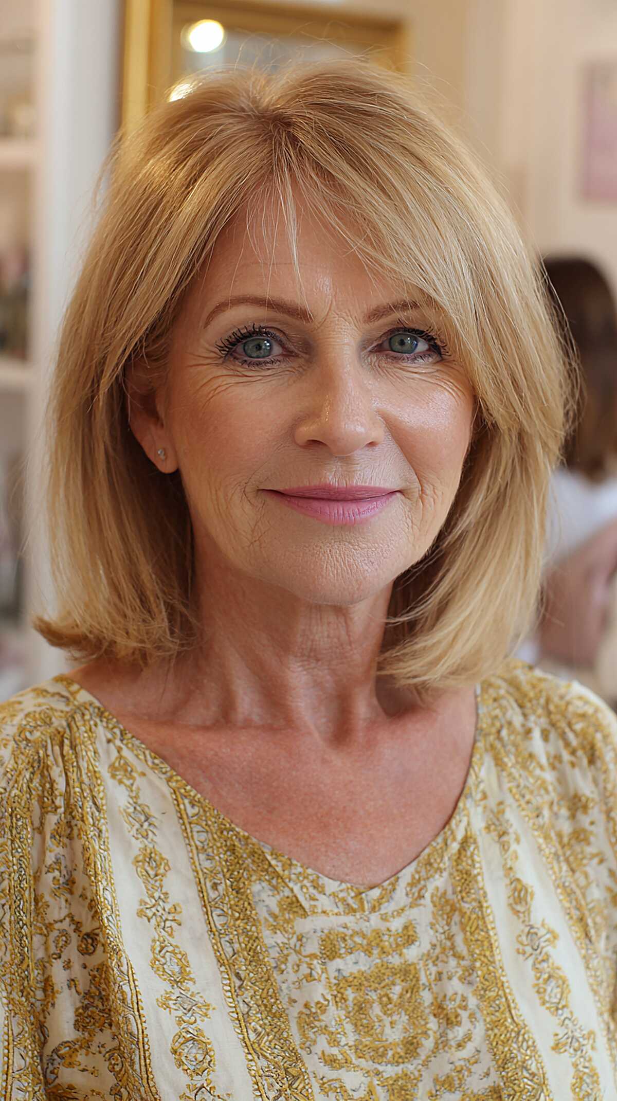 Golden blonde bob with wispy bangs at shoulder length