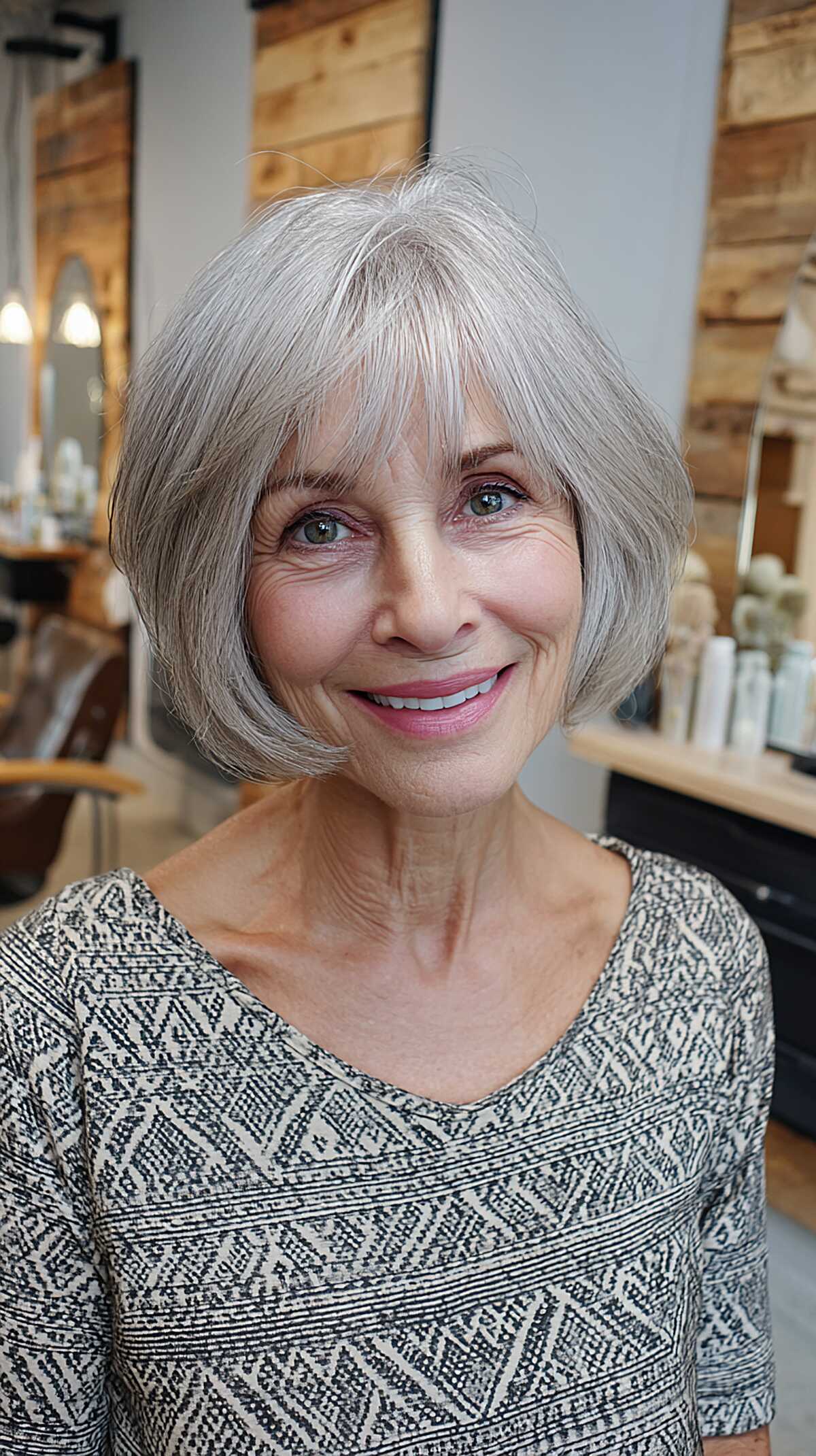 Classic chin-length silver bob with light wispy bangs