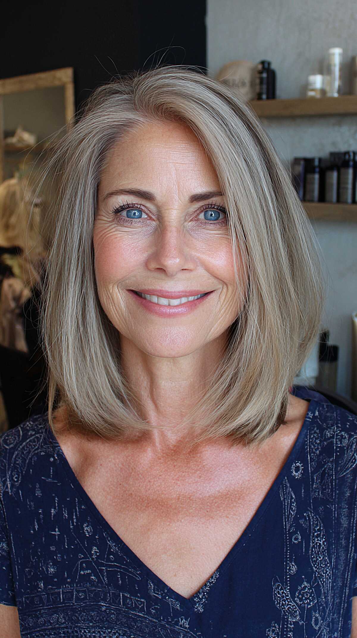 Cool ash blonde blunt bob just above shoulder length