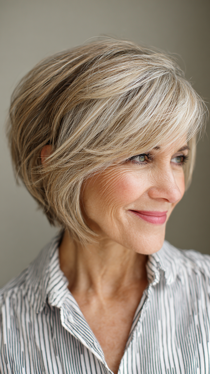 Cool ash blonde textured stacked bob with long bangs