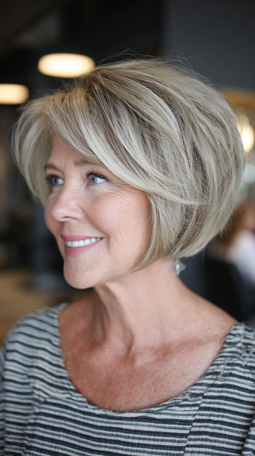Cool blonde dimensional A-line stacked bob with shine