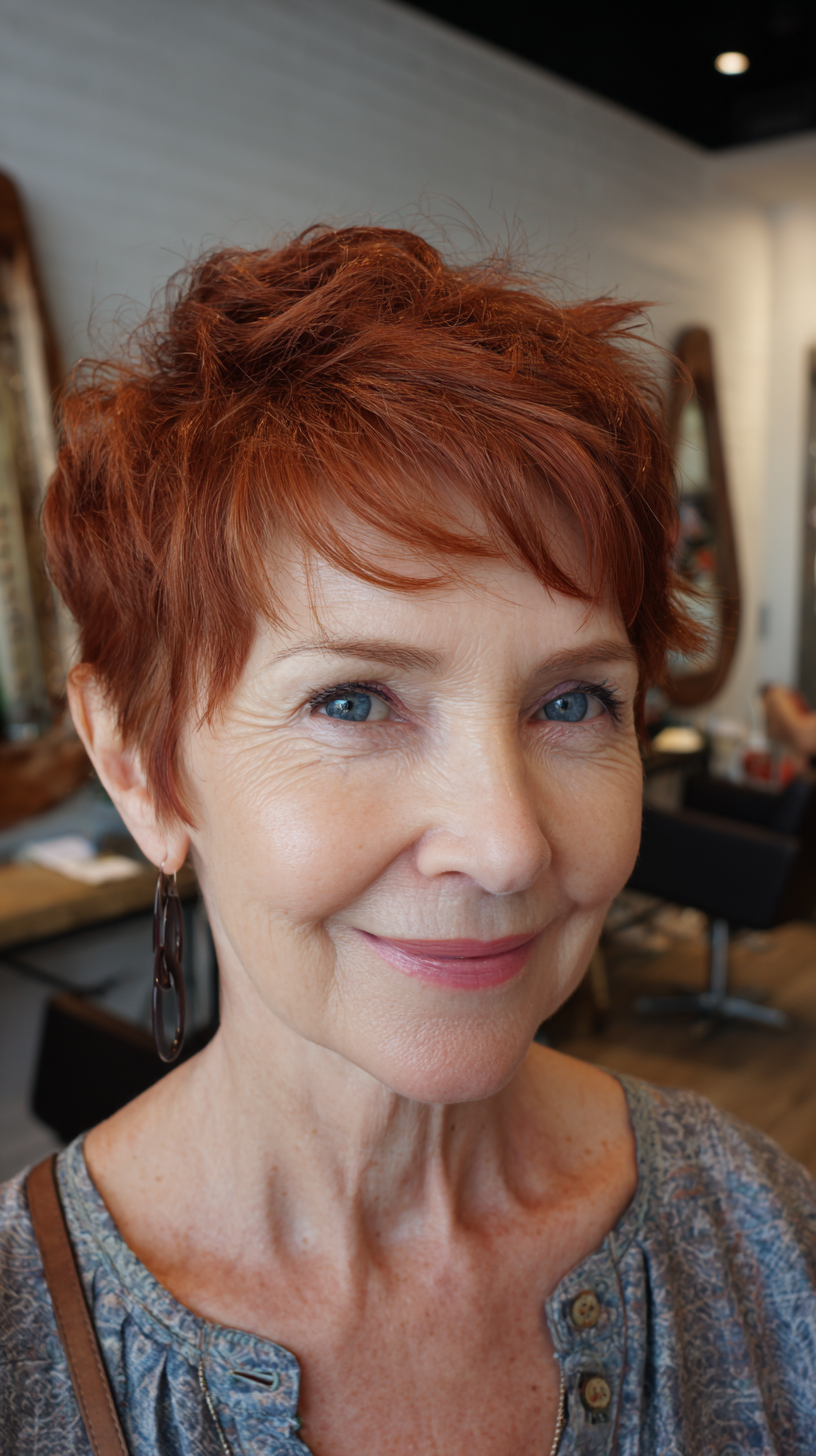 Bold copper red textured pixie with choppy bangs