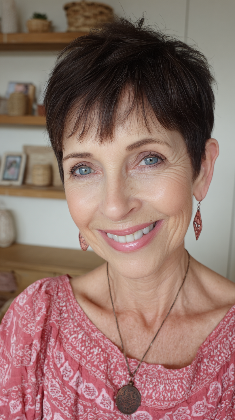 Dark brown cropped pixie with short textured bangs