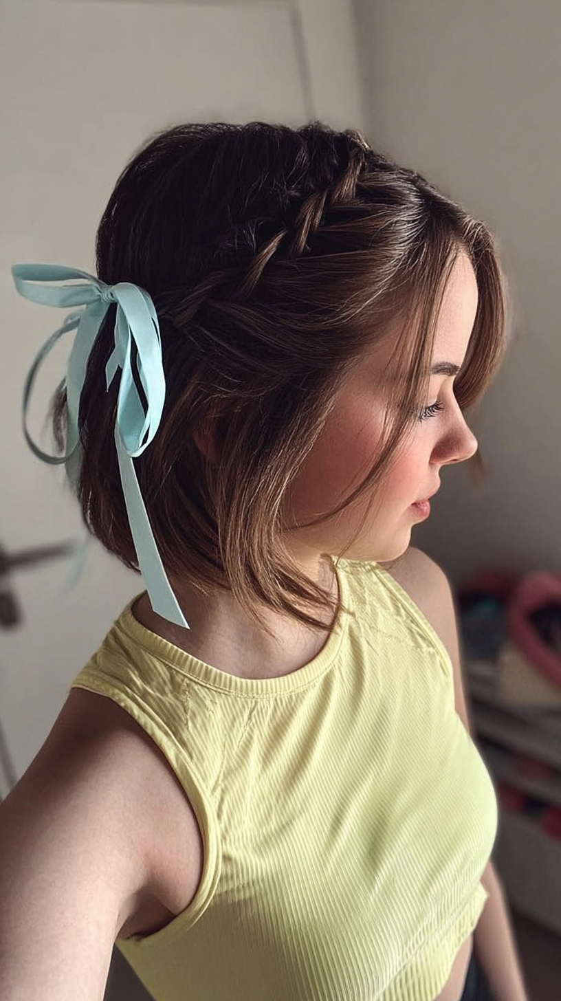 Short hair crown braid with light blue ribbon bow