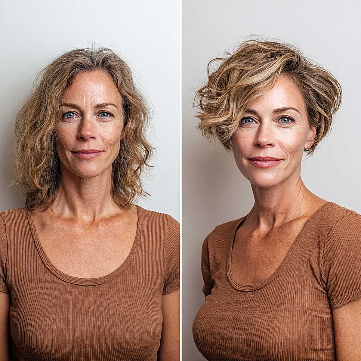 Before and after curly hair transformation to short side-part bob