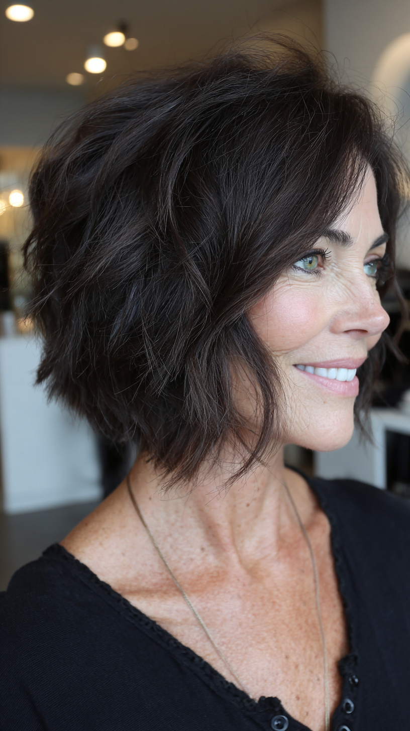 Dark chocolate choppy stacked bob with shaggy layers