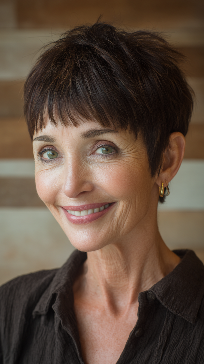 Dark brunette pixie with longer textured top and bangs