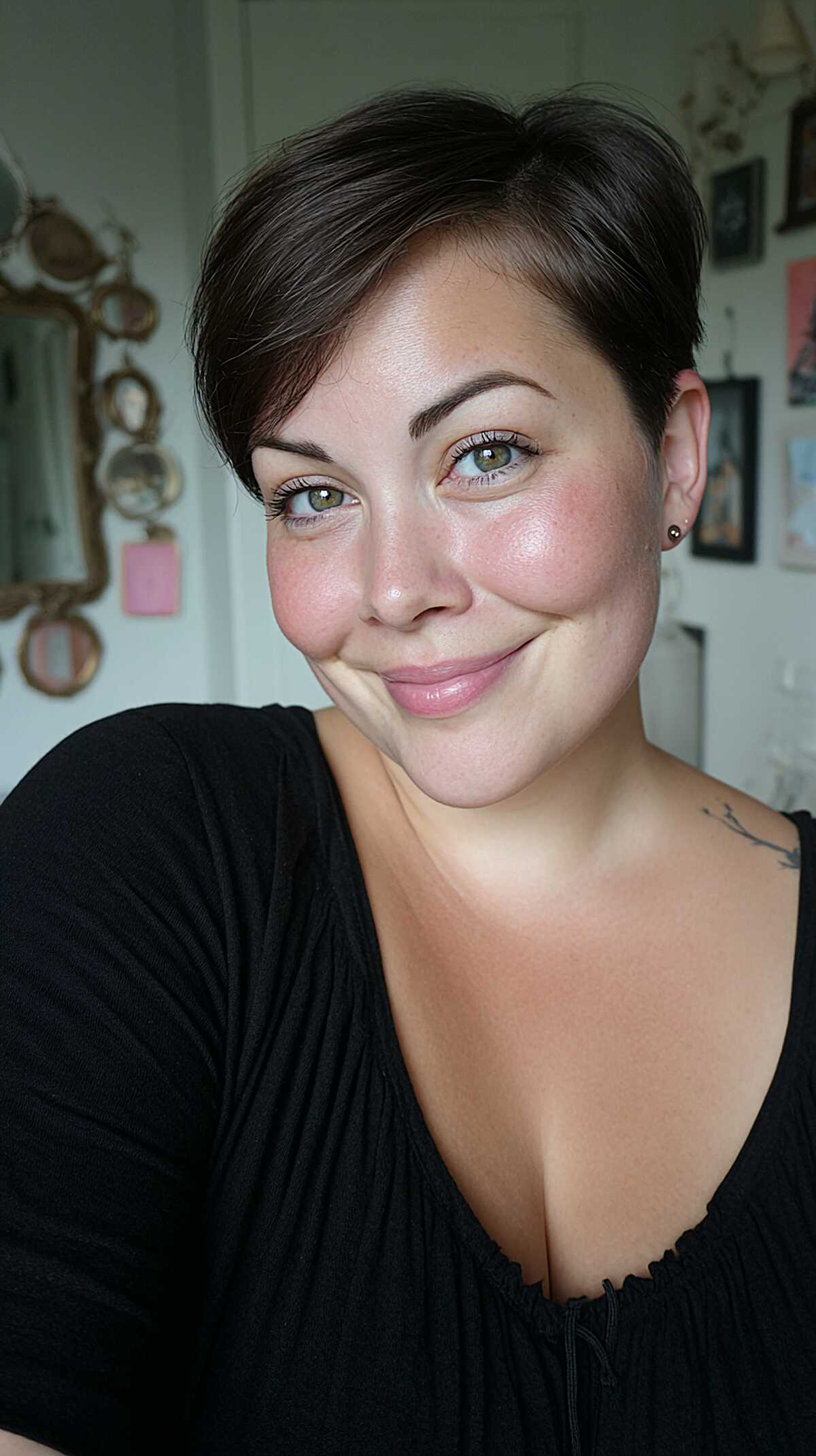 Dark brunette pixie cut with soft feathered side part