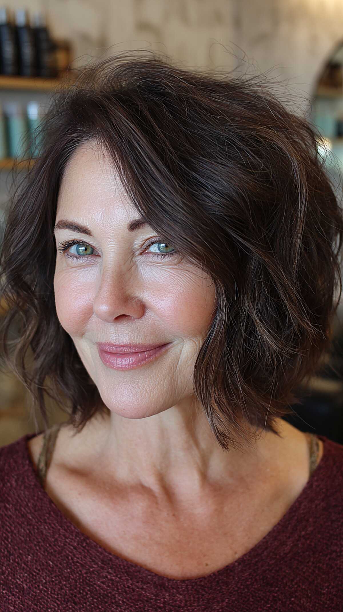 Deep espresso wavy shaggy bob with side-swept layers
