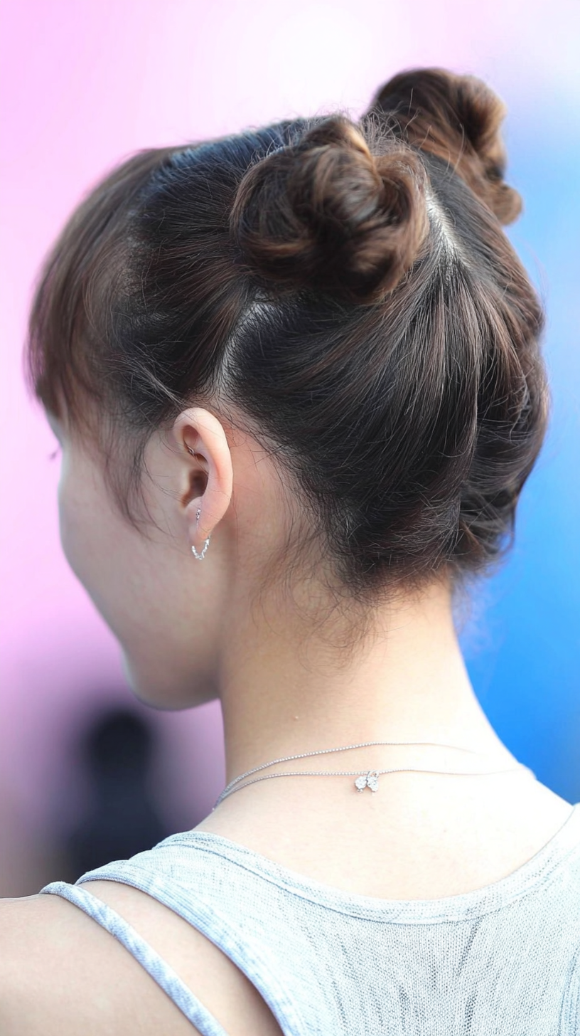Short hair twisted into two small buns at the crown